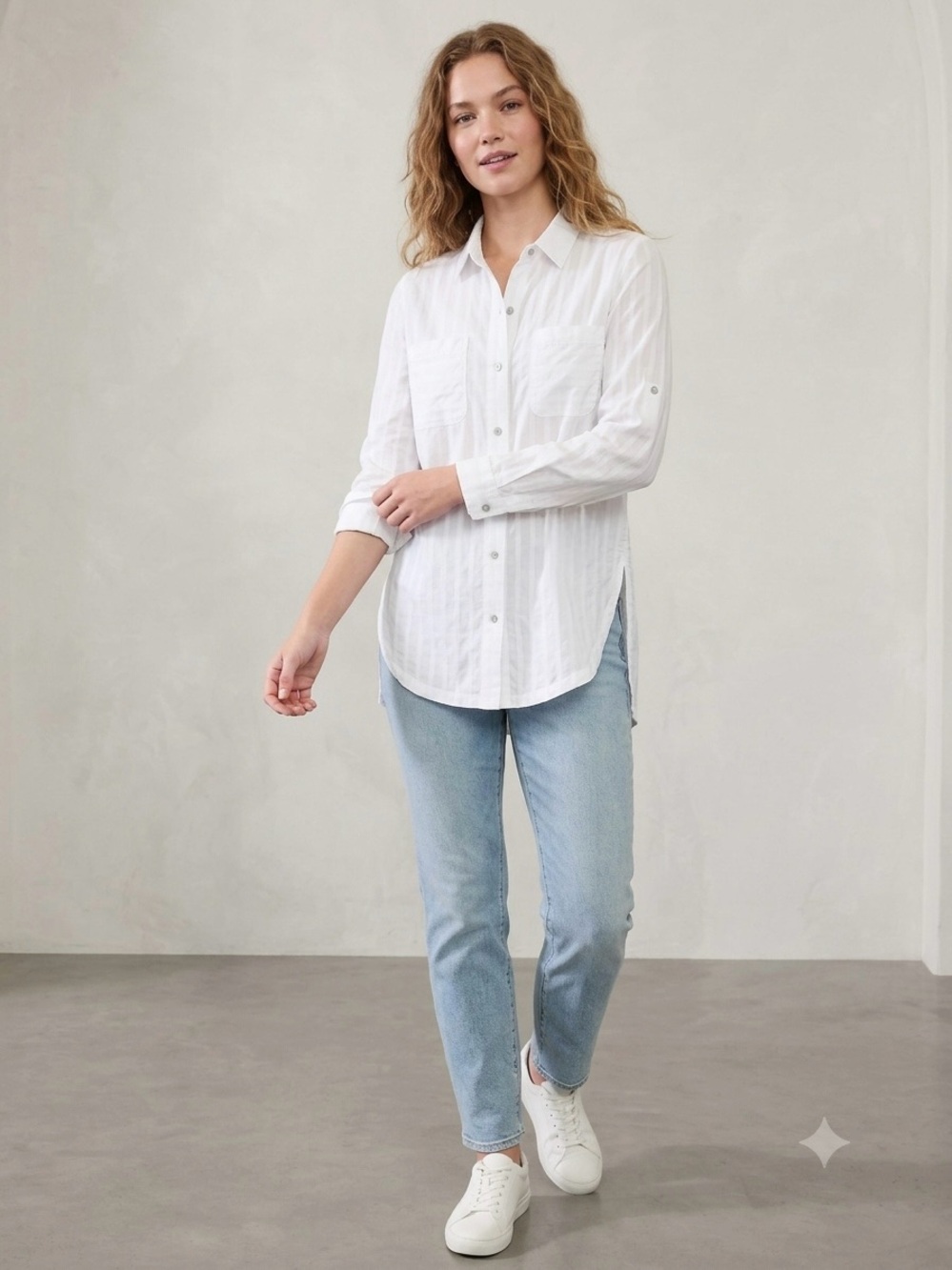 Athleta Dunes Striped Button Down Shirt White Semi Sheer Women's Size M 227736
